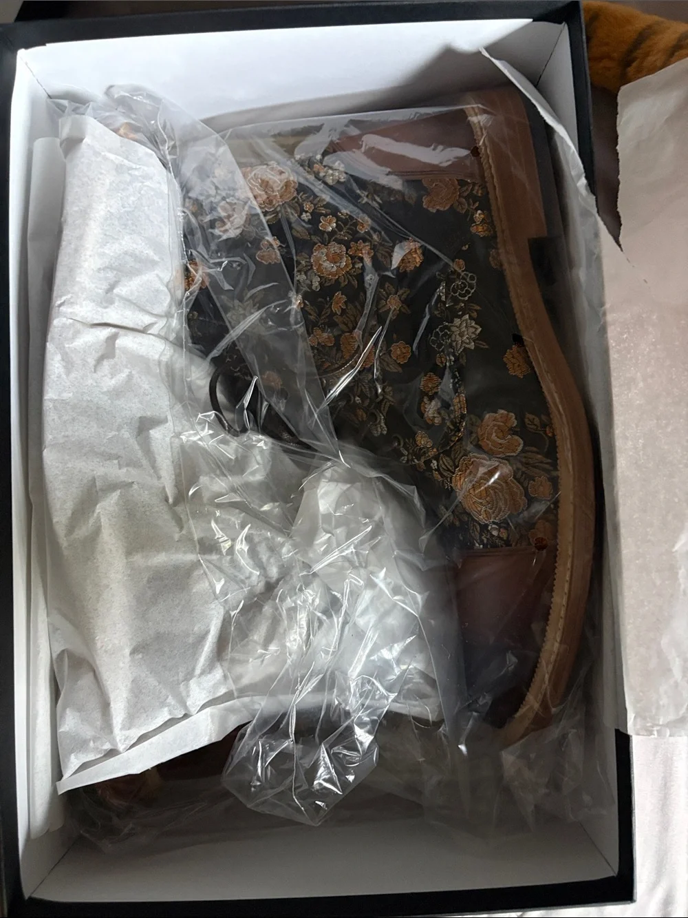 Taft Black Floral Brocade Chukka Boots with Brown Leather Accents